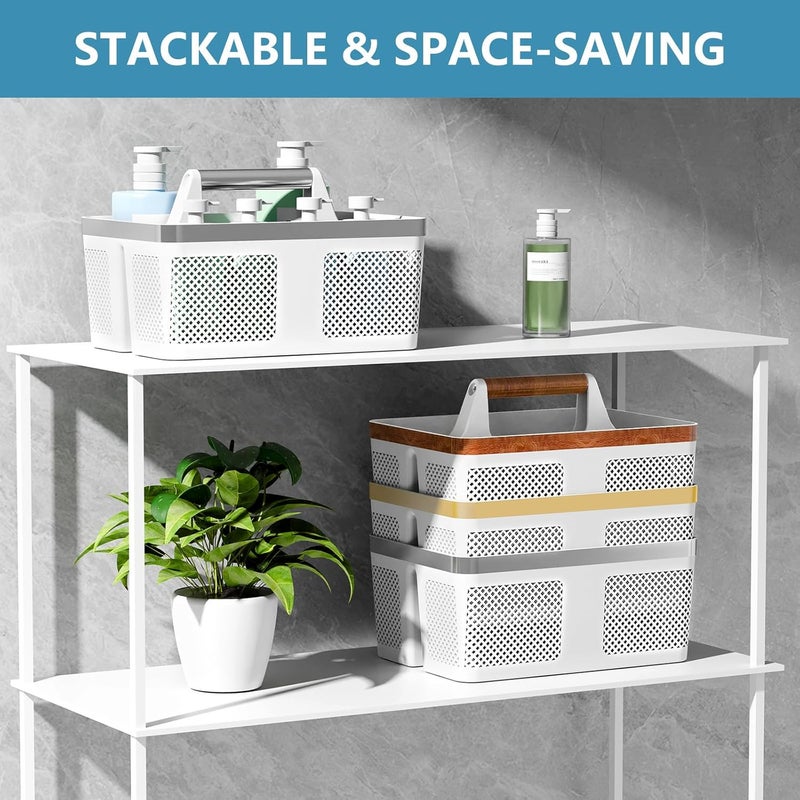 BYUNER 2Pack Shower Caddy Dorm: Portable Bathroom Caddy Organizer with Handle and Holes, Plastic Cleaning Caddy, Hard Shower Basket Storage Tote for Toiletry, College Dorm Room Essentials White/Silver - Image 3